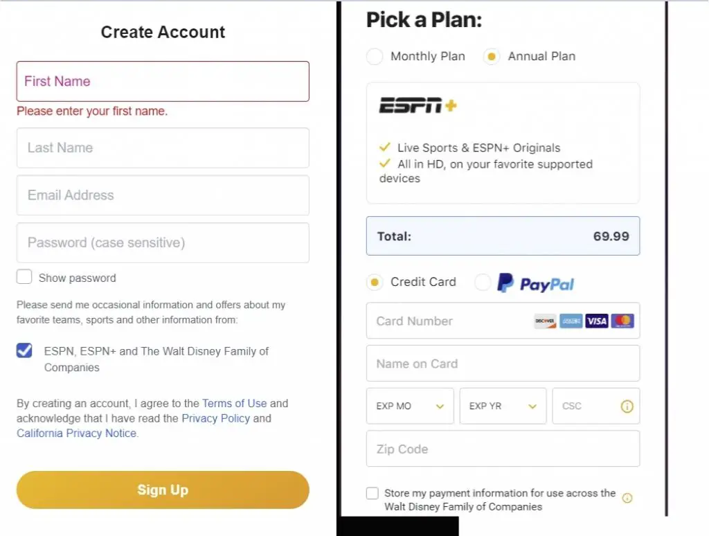 ESPN Plus Signup Process